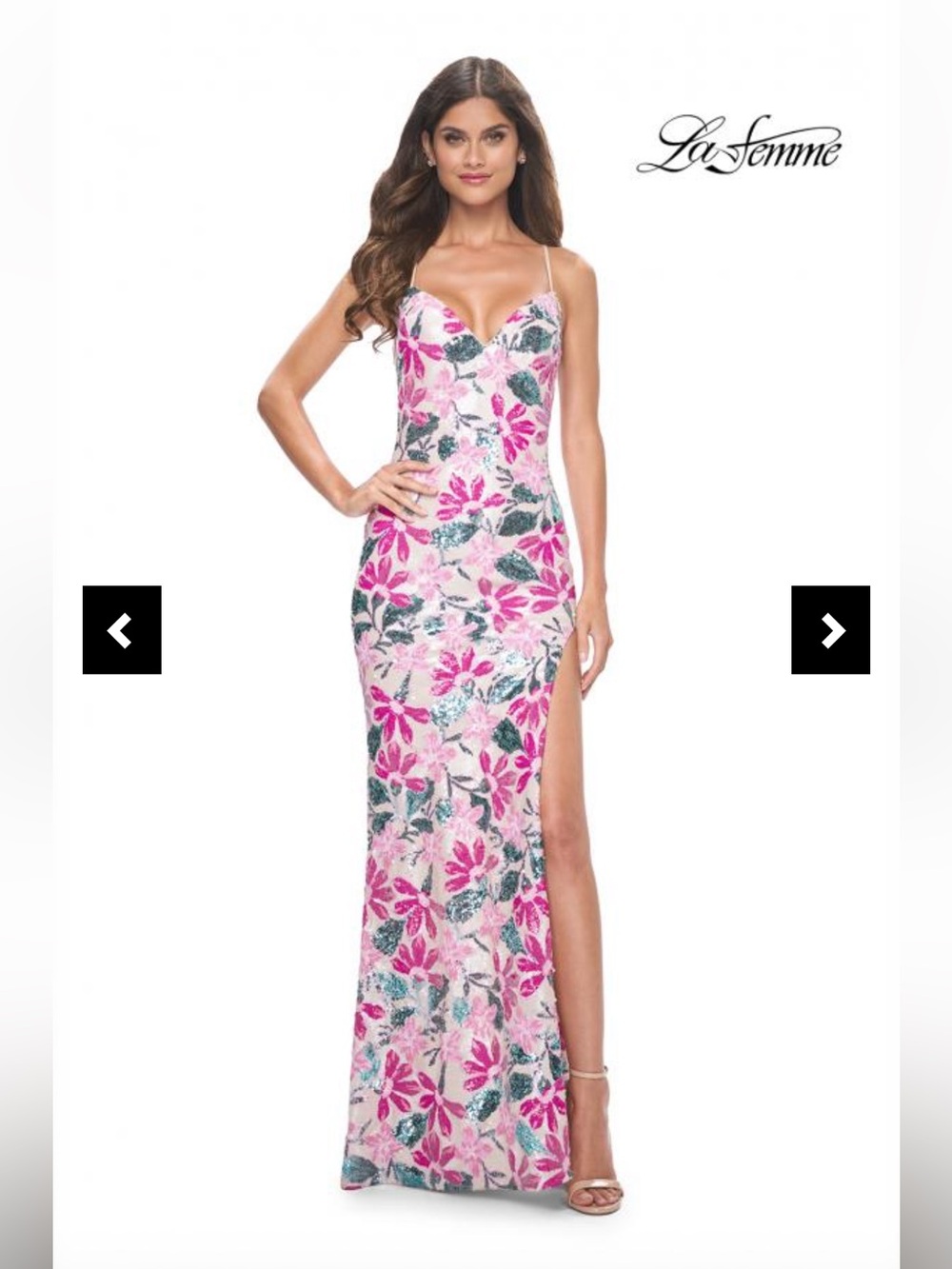 La Femme Pink and Green Floral Sequin Evening Gown with Slit